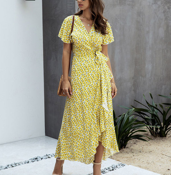 Summer Casual Dot Print Ruffled Short Sleeves Long Dresses