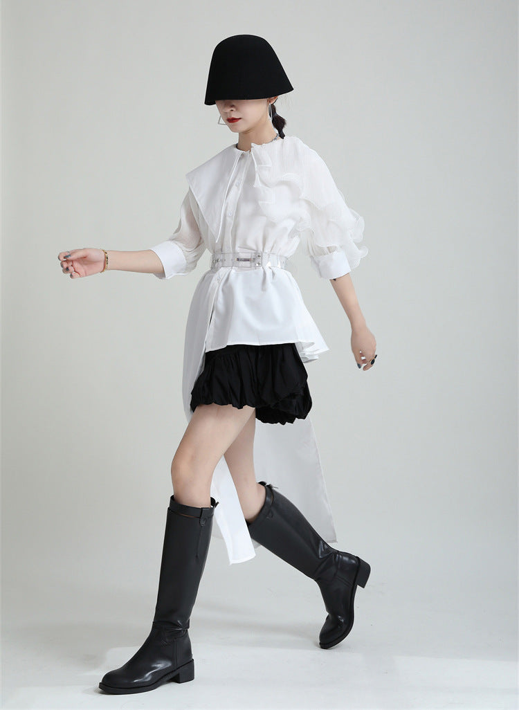 Summer Asymmetrical Bubble Sleeve Shirt Dress with Peplum Waist & Patchwork Design