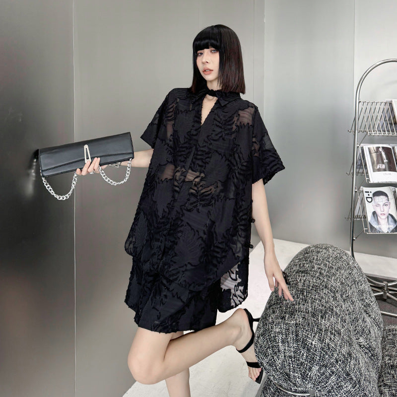 Women's Unique Jacquard Casual Cotton Set – Oversized Bat Sleeve Top + Elastic Waist Shorts