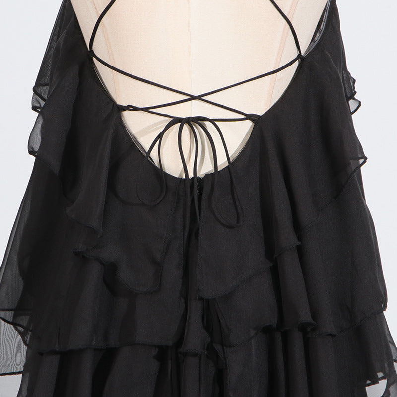 Elegant High-Society Style Dress – Off-Shoulder Backless Maxi Dress with Layered Hem