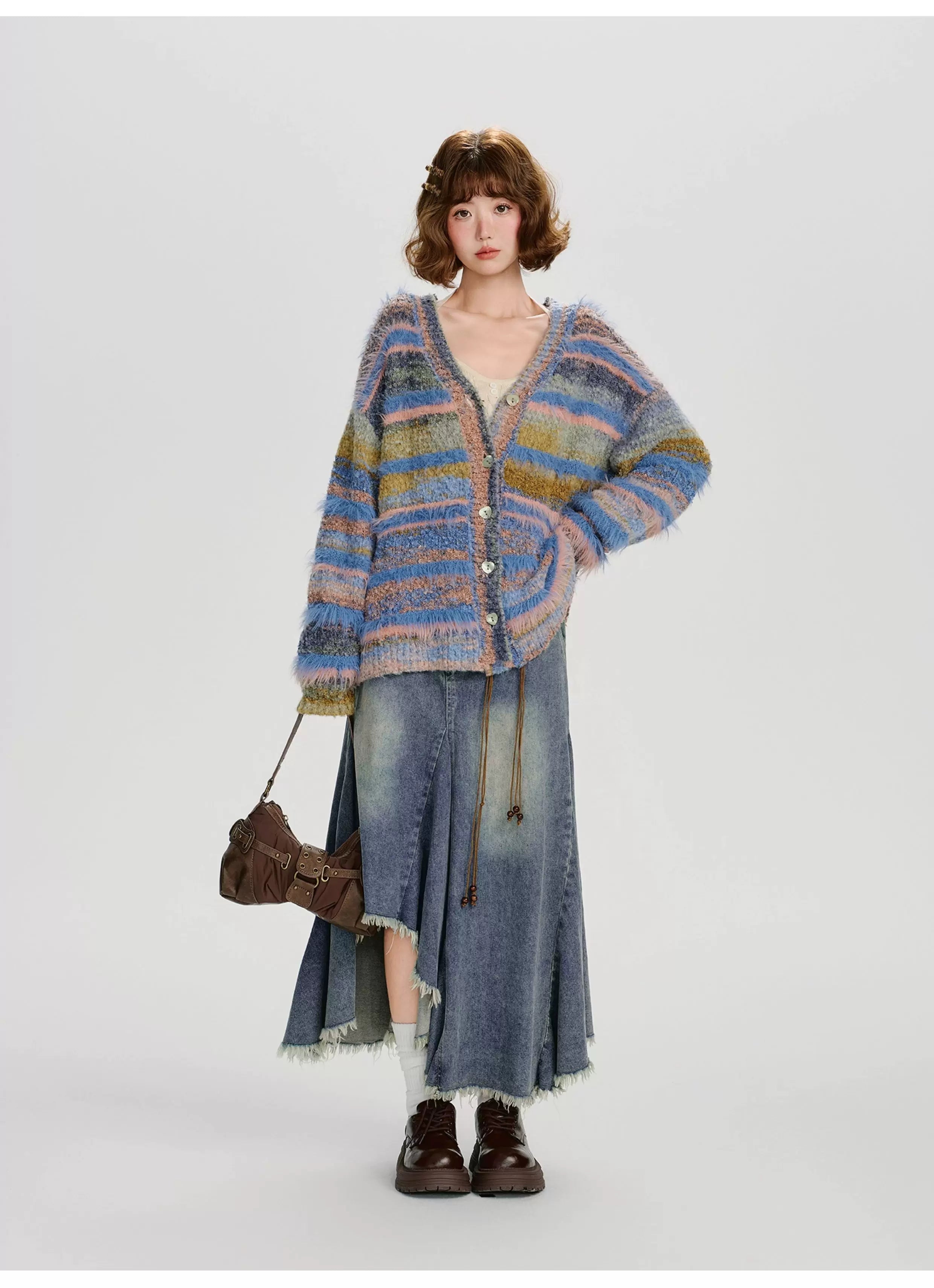 Girlyhalo Vintage Gradient Striped Plush Cardigan
