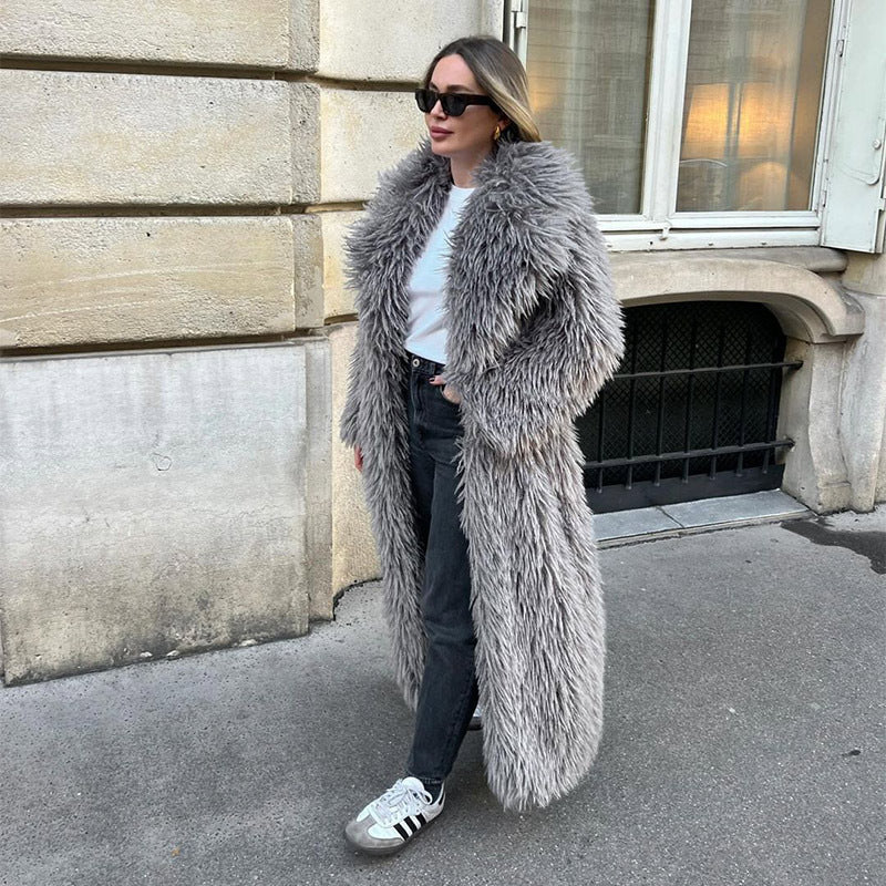 Long Faux Fur Coat – Women’s Winter Warm Plush Fake Fur Jacket with Lapel Collar