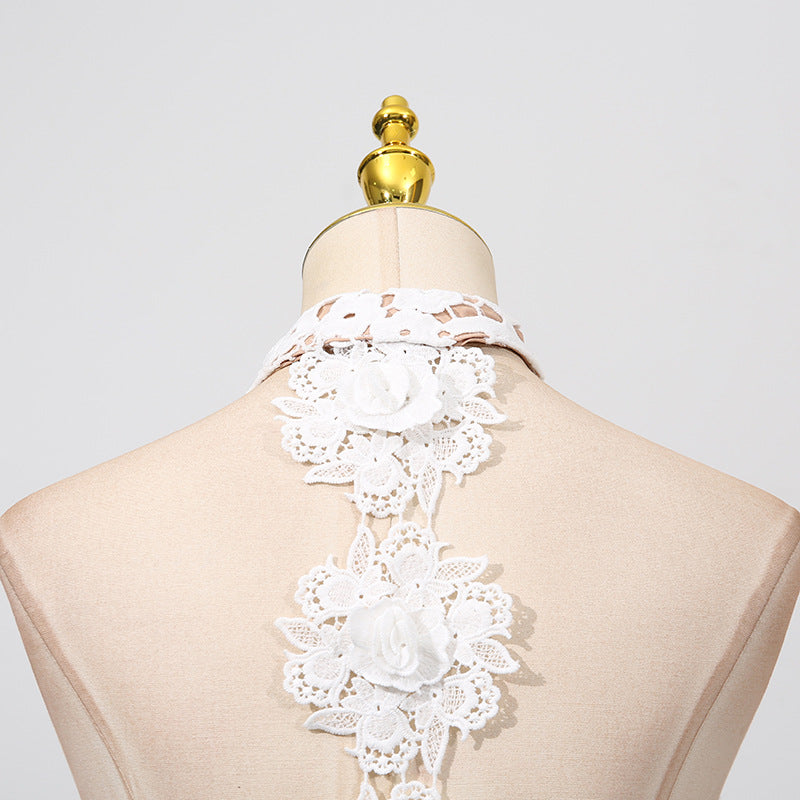 Retro Embroidery Backless Lace Panel Halter Maxi Dress