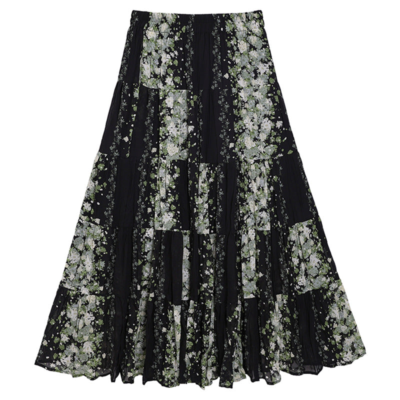 Yuan Su's new summer Wizard of Oz floral pleated skirt, high waist versatile and thin wrinkled A-shaped big swing skirt-National style green and black-one size fits all-Free Shipping Leatheretro