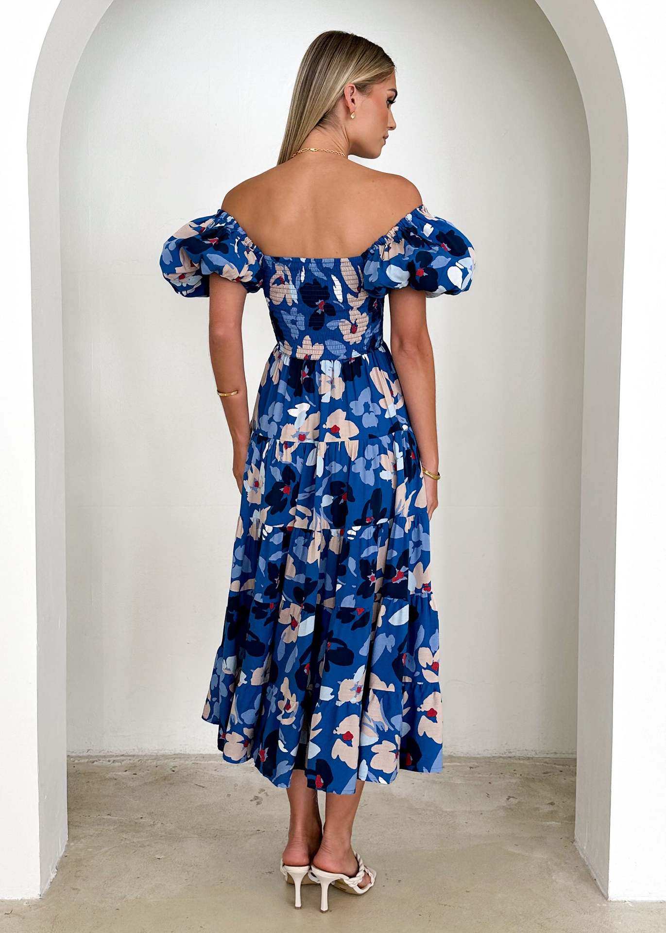 Spring Summer Off-Shoulder Floral Print Puff Sleeve Dress