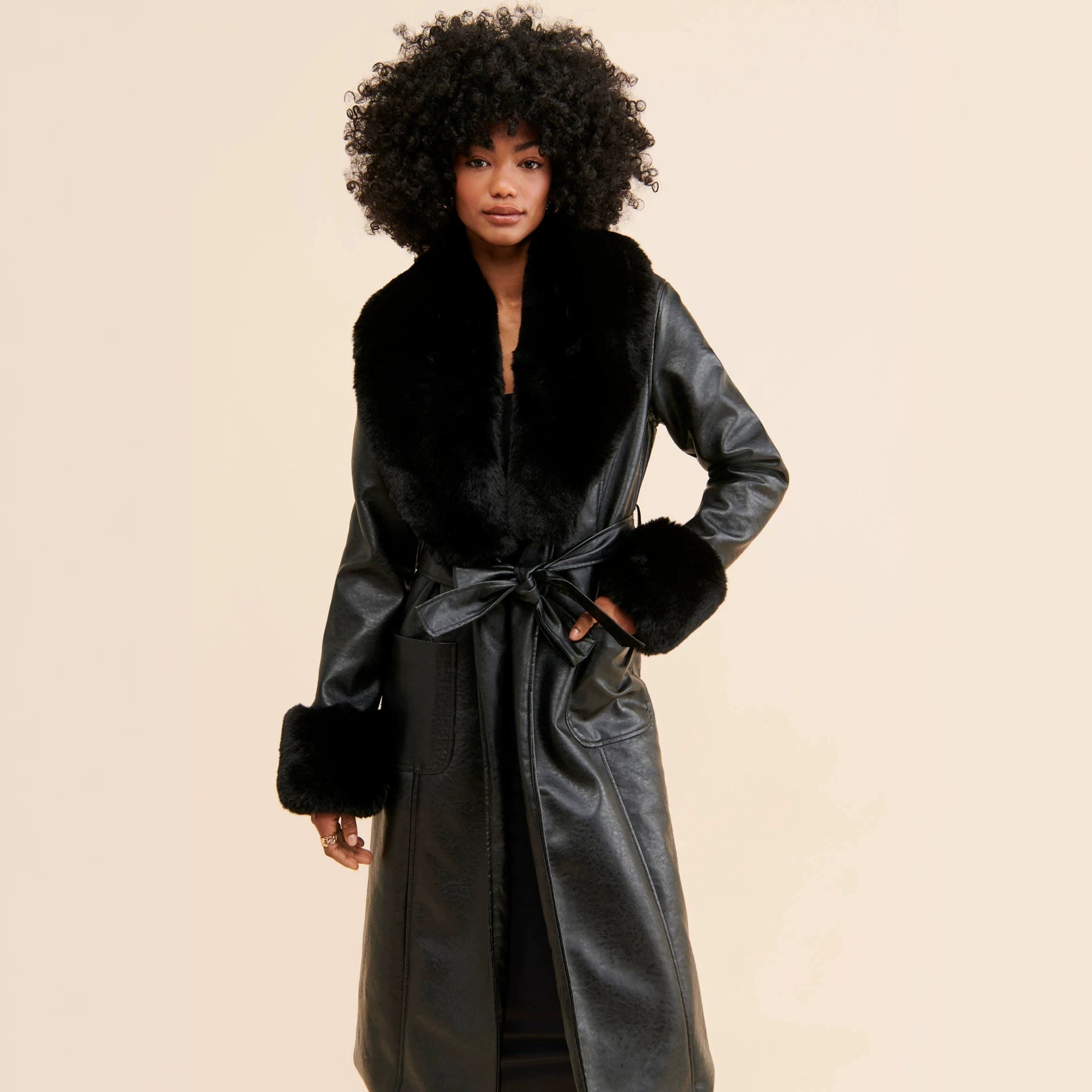 Premium Faux Fox Fur Belted Long Coat