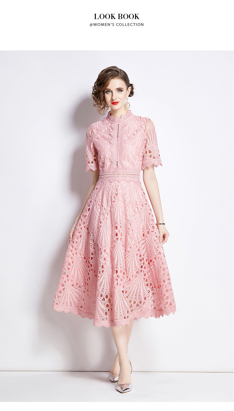 Vintage Embroidery Summer Pink Lace Dresses