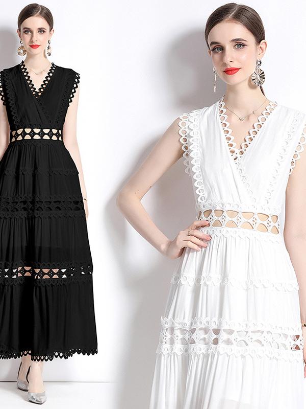 Sacha Cotton Linen Crochet Tiered Midi Dress - Black