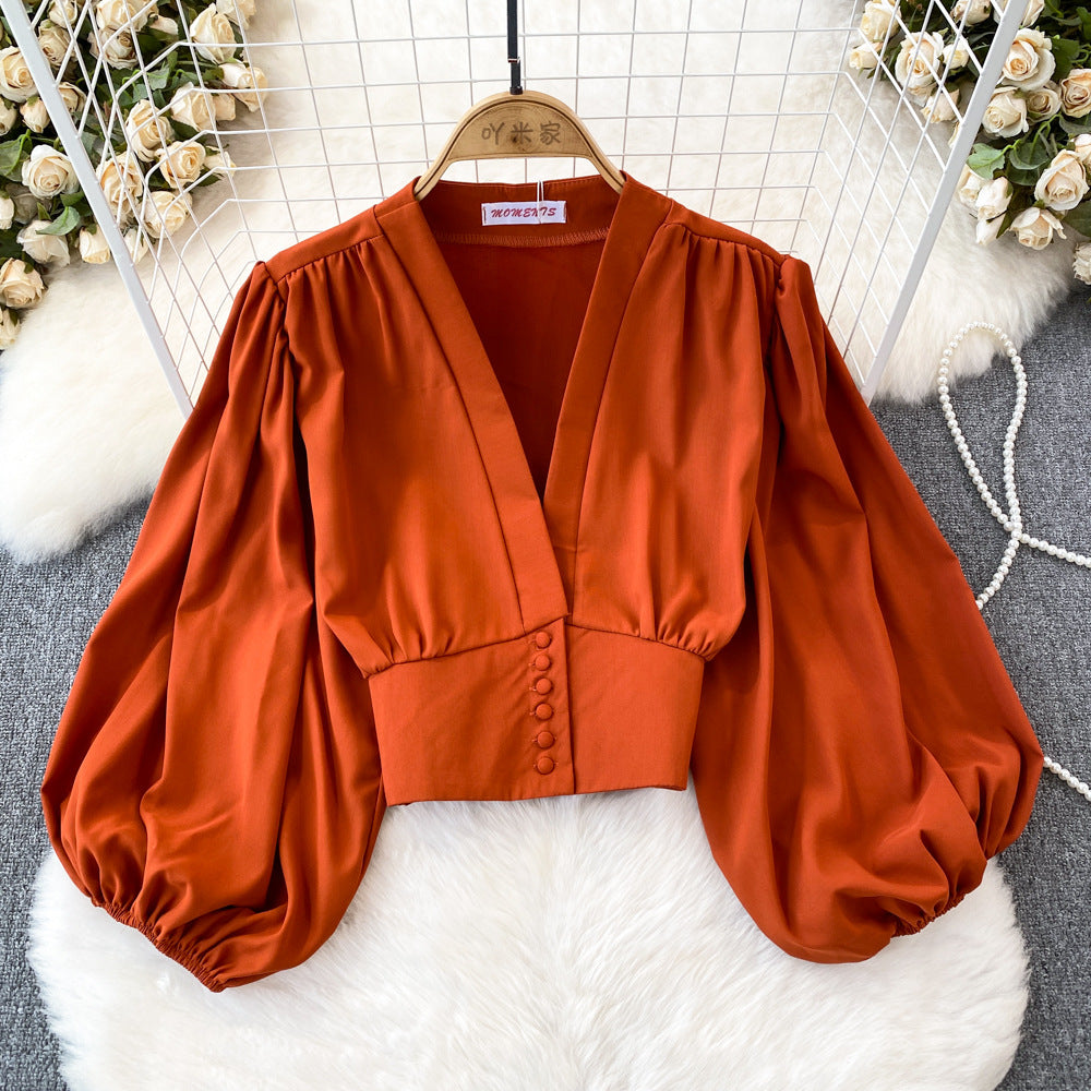 Women's Fashion V-Neck Lantern Sleeve Crop Top