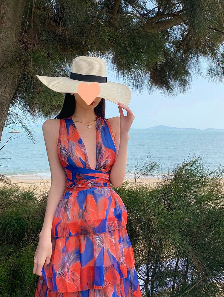 Halter Neck Printed Maxi Dress – High Waist, Backless Beach Cover-Up