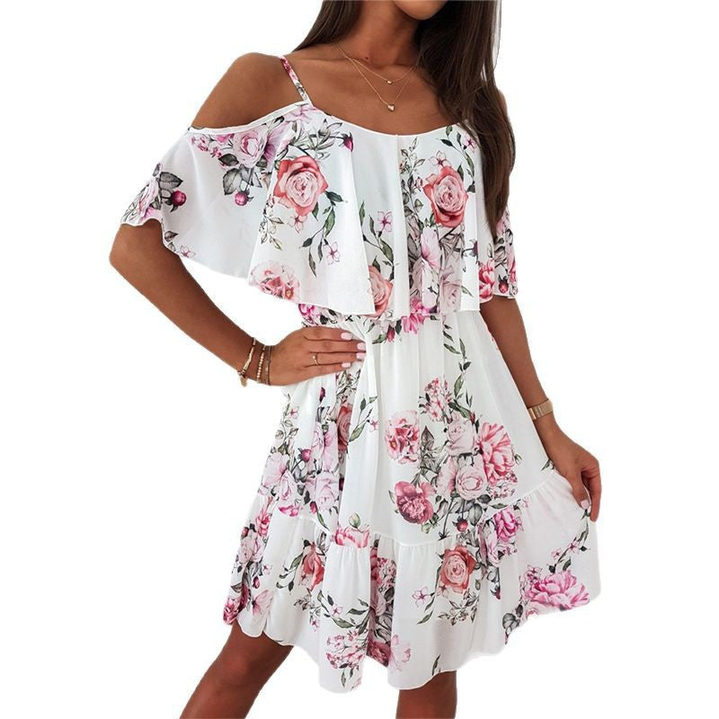 Women's Summer Chiffon Floral Print Off-Shoulder Sexy Spaghetti Strap Dress