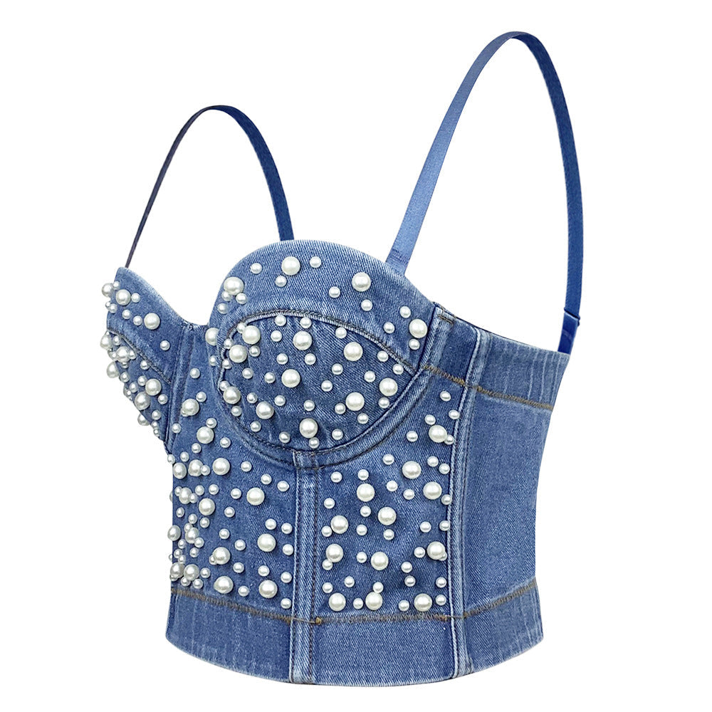 Sexy Women's Denim Bustier Top – Pearl Embellished Strappy Cropped Corset Vest