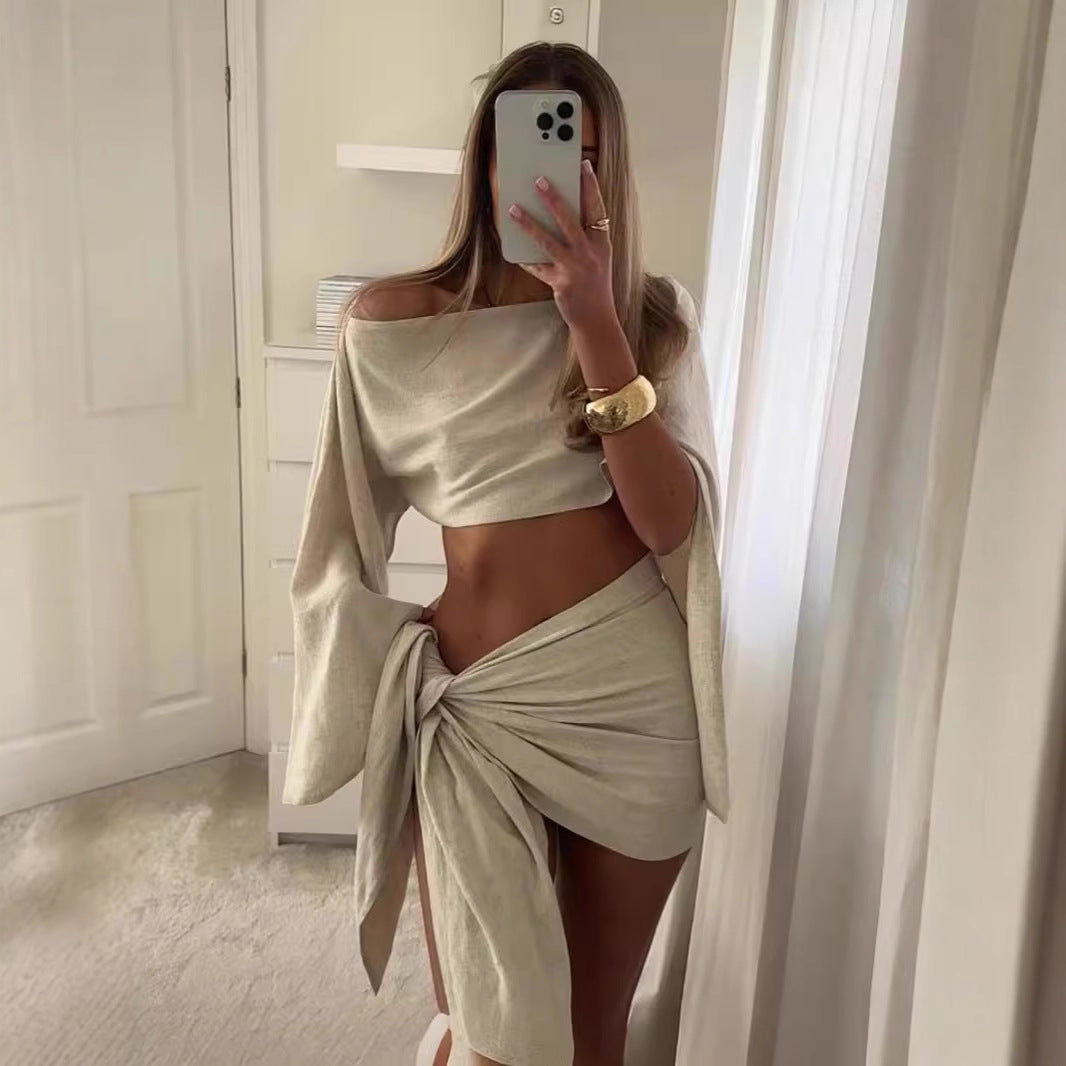 Women's Summer Beach Vacation Outfit - Breathable Long Sleeve Top + Short Skirt Set