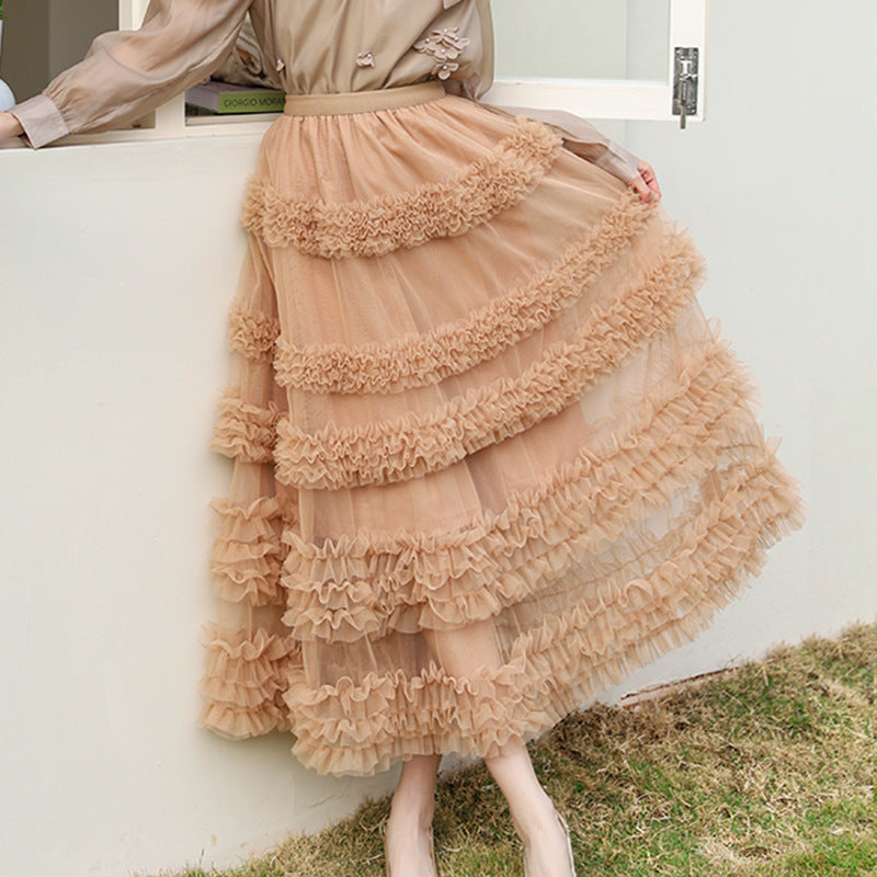 Layered Tulle Skirt - High Waist Ruffled Lace Trim Semi-Formal Skirt