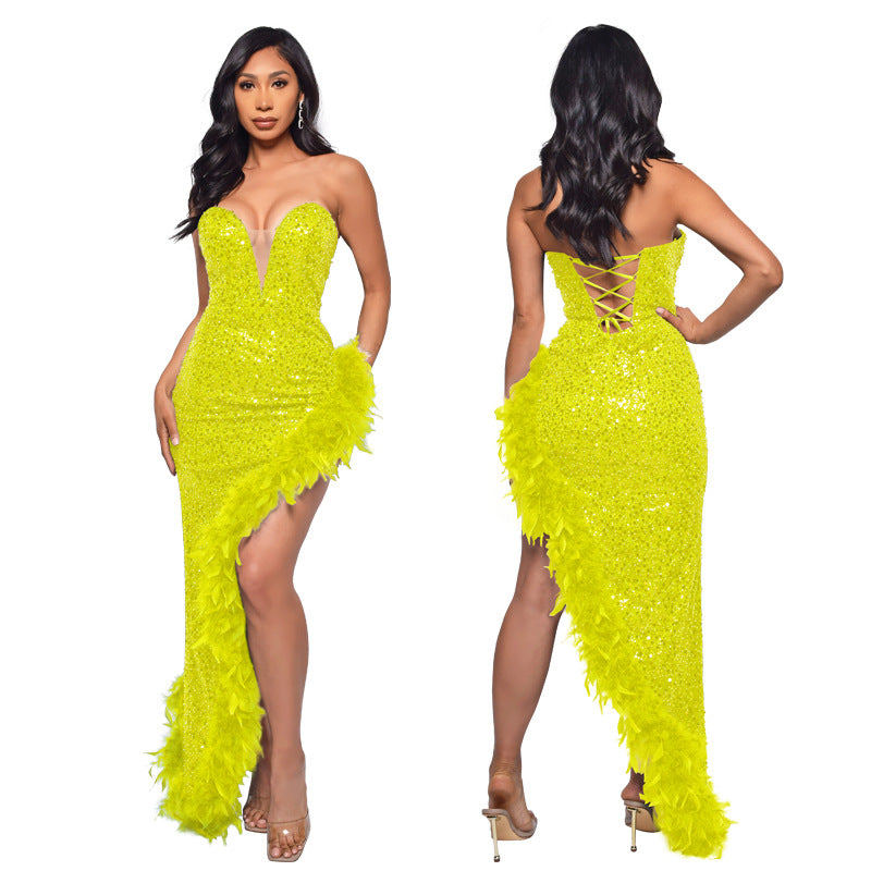 Gorgeous Strapless Sequined Feather Decoration Party Dresses-Dresses-Free Shipping at meselling99