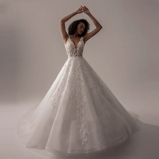 Fashion V Neck Sleeveless Brush Train Wedding Dresses