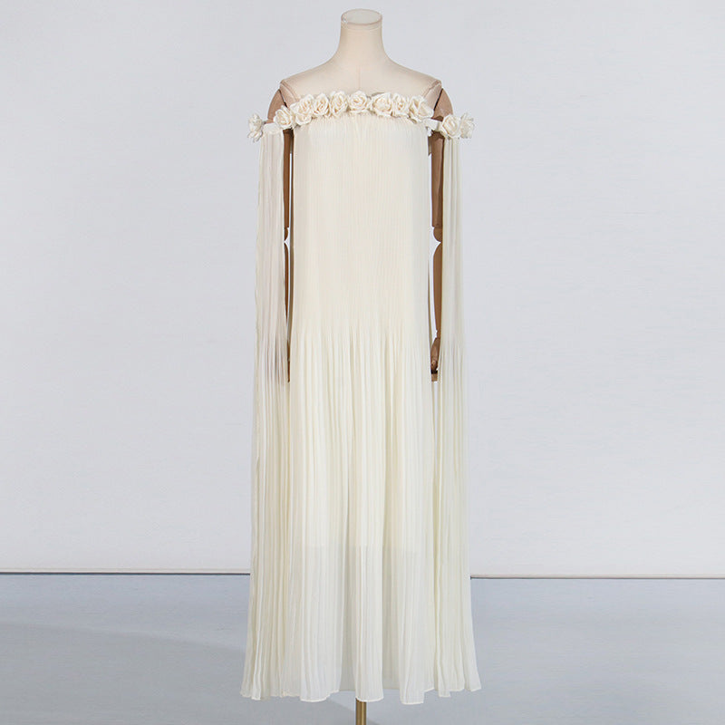 Elegant Off-Shoulder Long Dress with 3D Floral Appliques