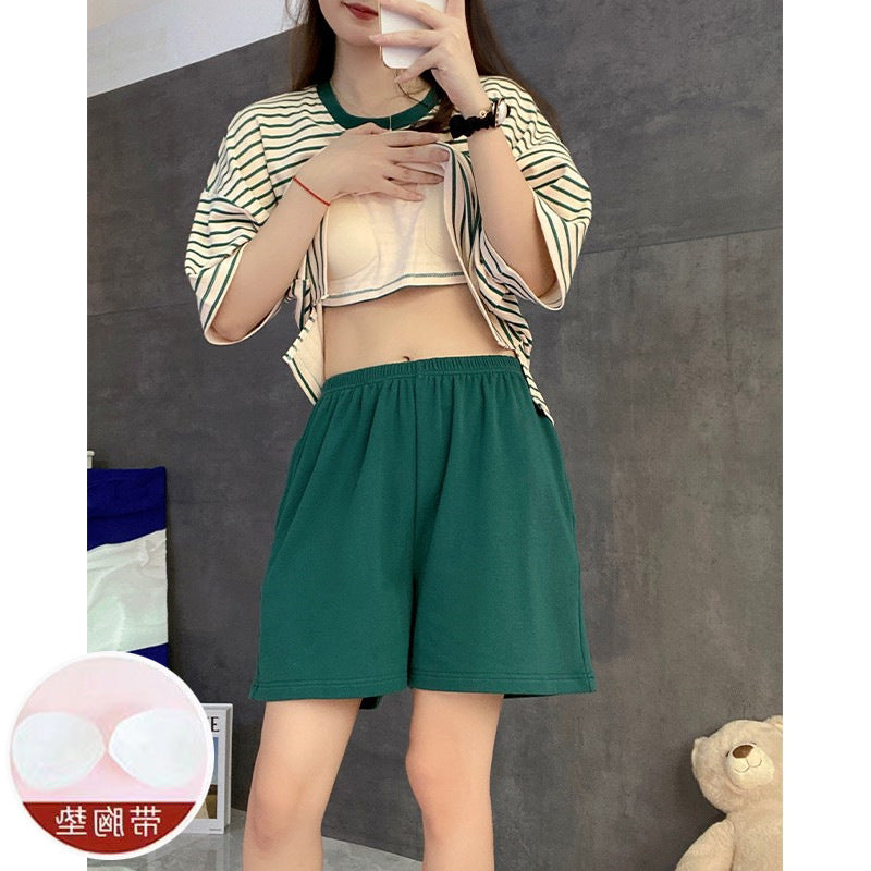 Casual Striped Summer Short Sleeves Shirts & Shorts Homewear