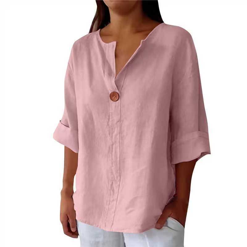 Women's Summer Loose-Fit V-Neck Cotton Linen Button-Up T-Shirt