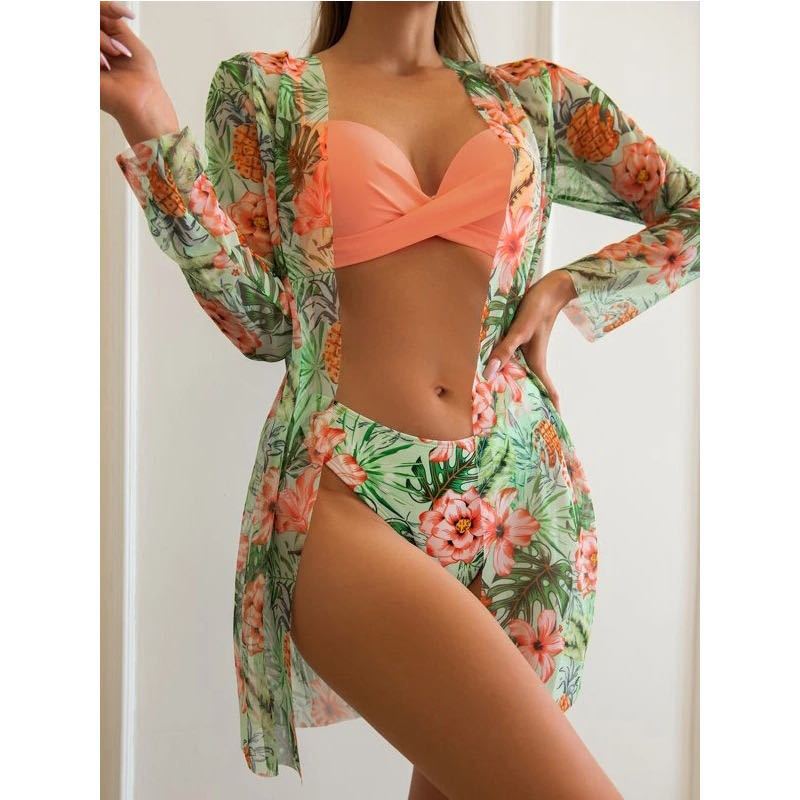 Women's 3-Piece Mesh Long Sleeve Cover-Up – Beach Bikini Set