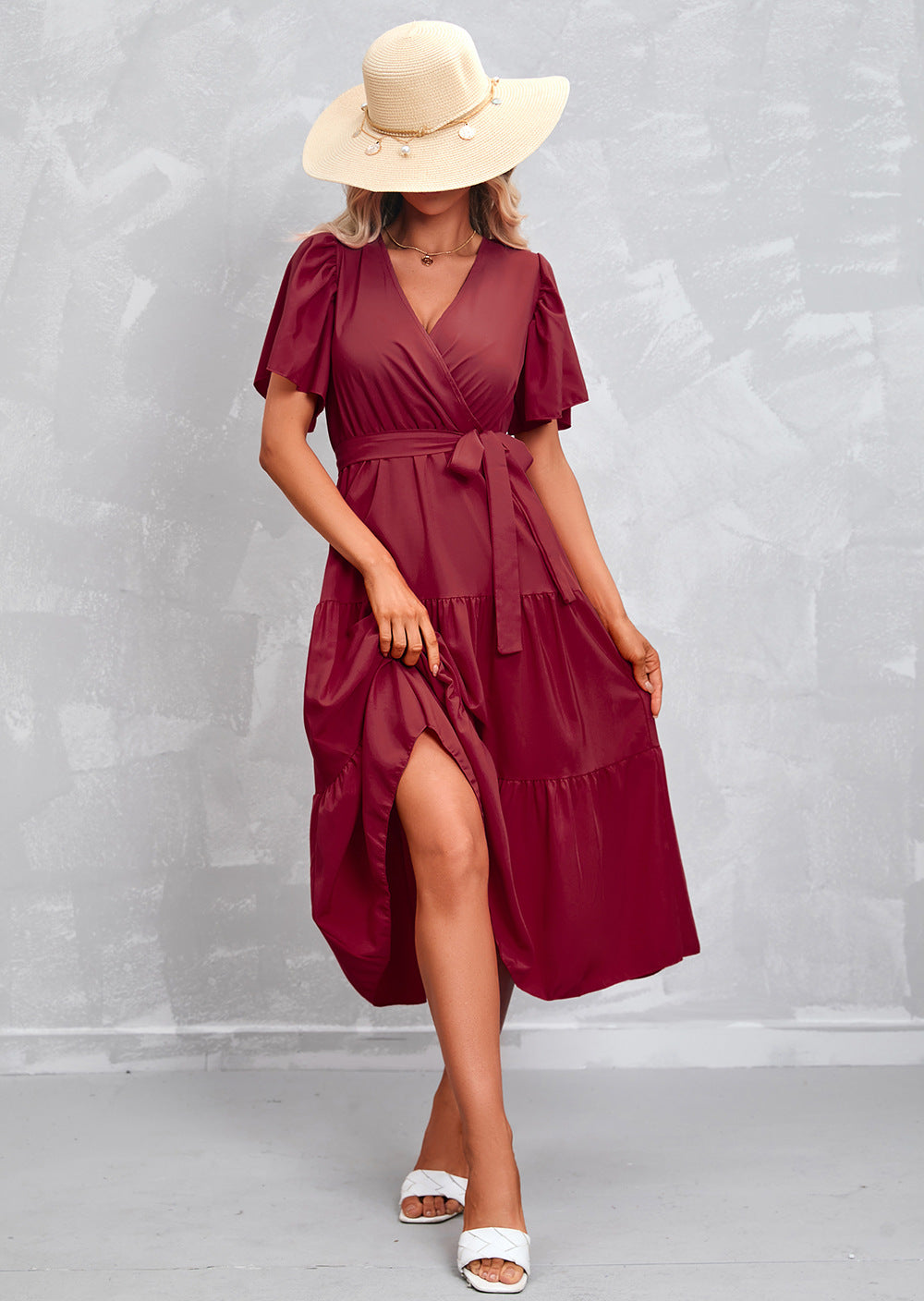 Women's Summer Solid Color V-Neck Short Sleeve Dress
