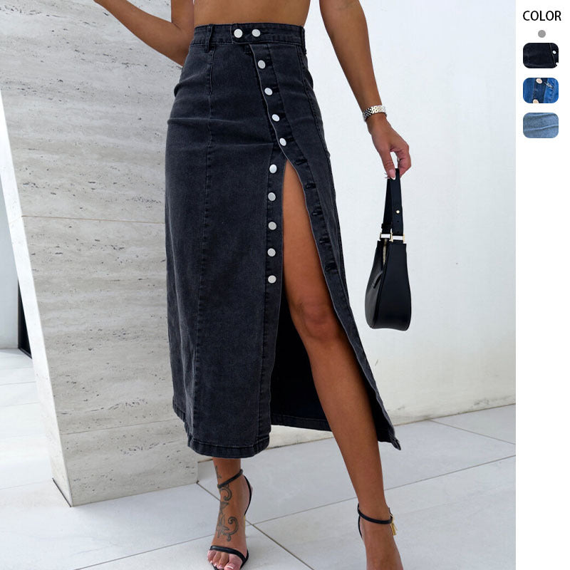 High Waist Asymmetrical Button-Down Denim Pencil Skirt