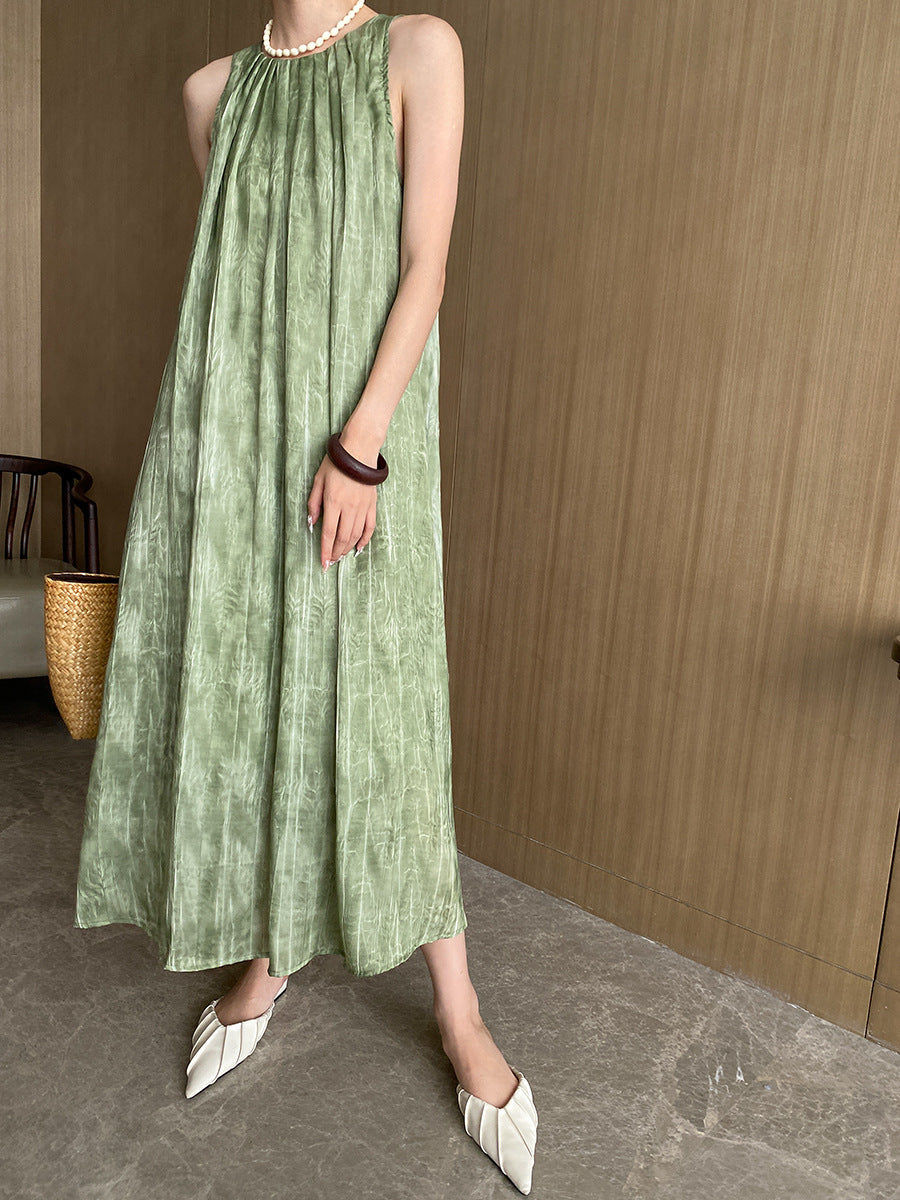 Summer Water Ripple Texture Round Neck Sleeveless Maxi Dress
