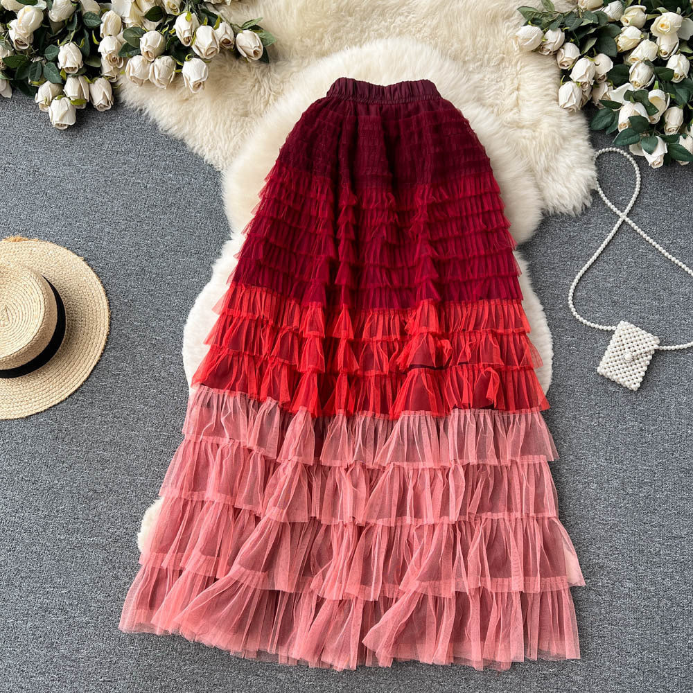 Women's Mid-Length Gradient Mesh A-Line Cake Skirt
