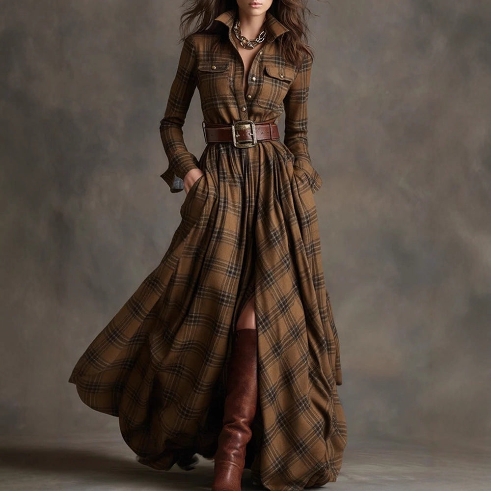 Plus Size French Vintage Plaid Slimming Irregular Hem Dress