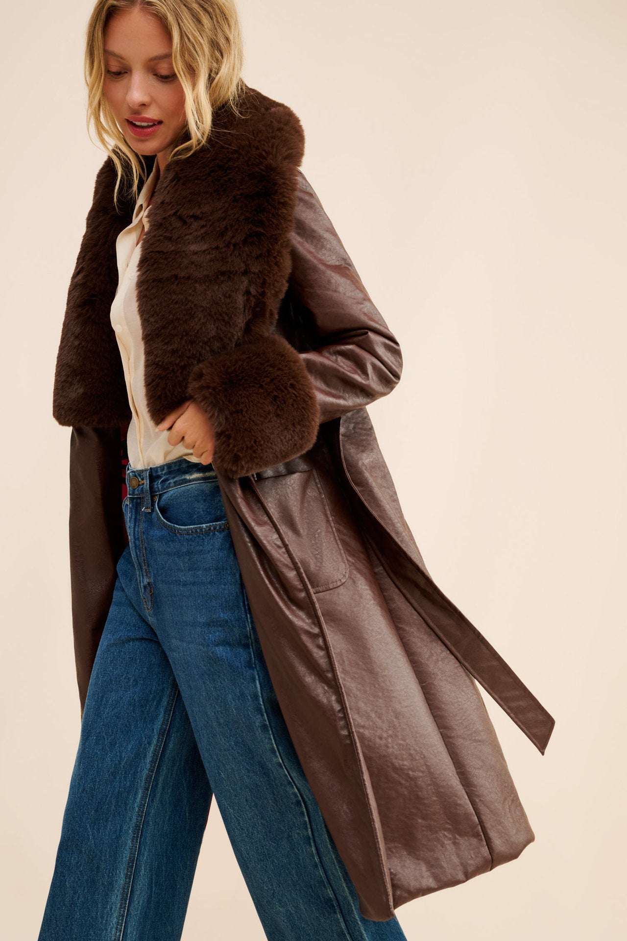 Premium Faux Fox Fur Belted Long Coat