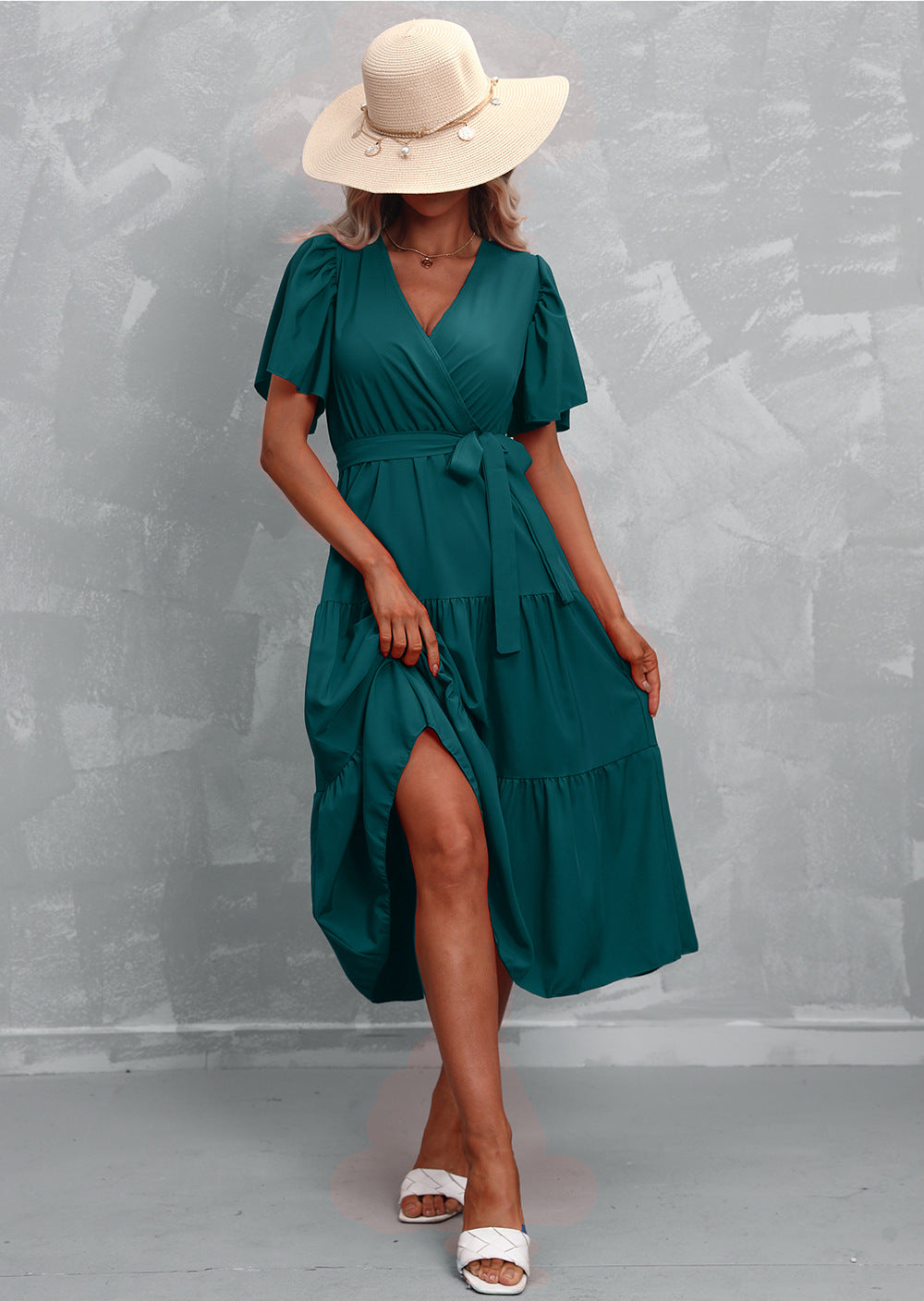 Women's Summer Solid Color V-Neck Short Sleeve Dress