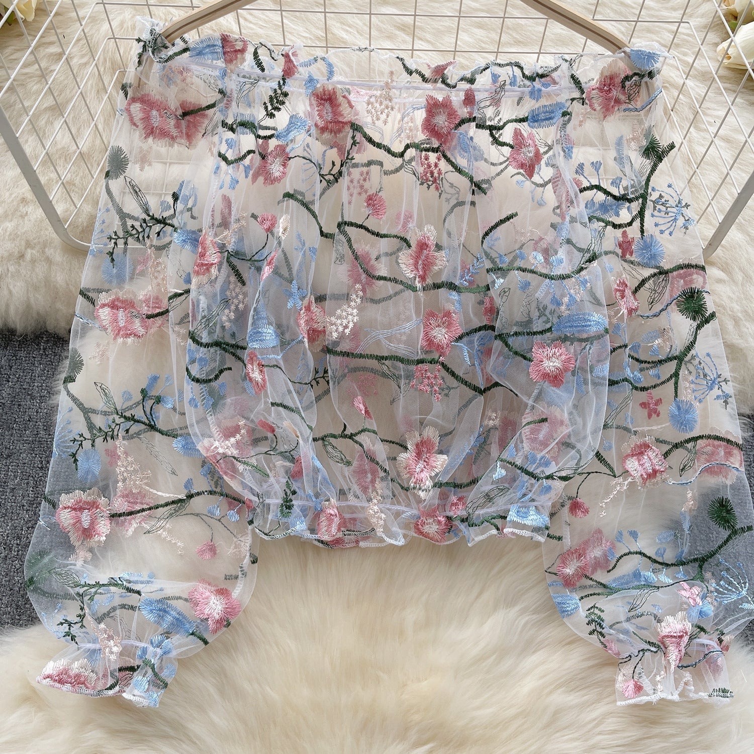Off-Shoulder Mesh Embroidered See-Through Blouse