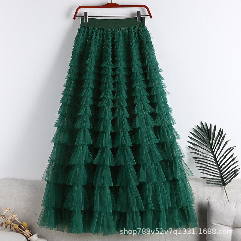 A-Line Mid-Length Tulle Skirt with Layered Mesh Insert