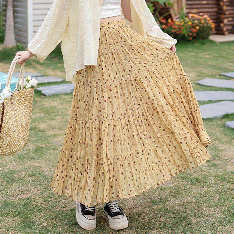 Yuan Su's new summer Wizard of Oz floral pleated skirt, high waist versatile and thin wrinkled A-shaped big swing skirt-Polka Dot - Yellow-one size fits all-Free Shipping Leatheretro