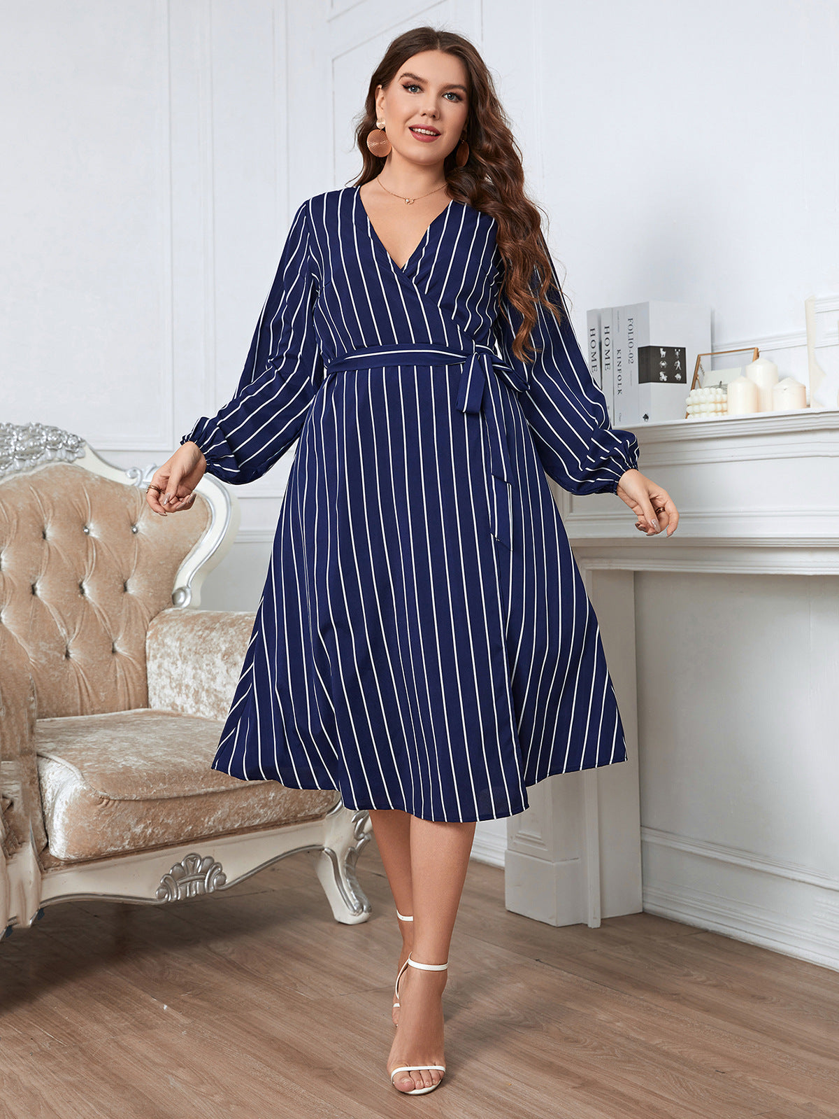 Women Striped Plus Sizes Dresses-Dresses-Blue-1XL-Free Shipping at meselling99