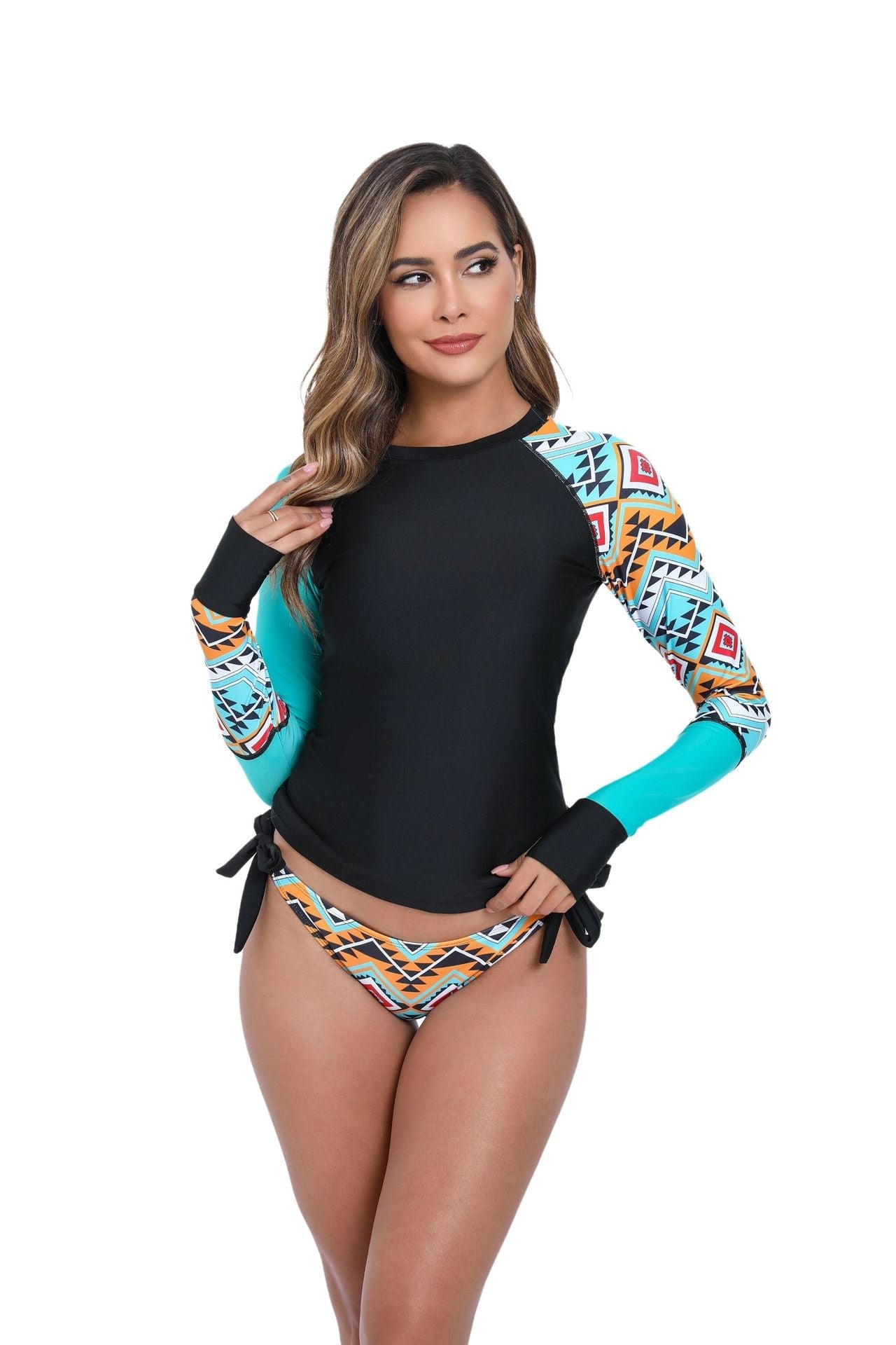 Adjustable Strappy High-Cut Bikini Set – Long Sleeve Crop Top & Tie-Side Briefs