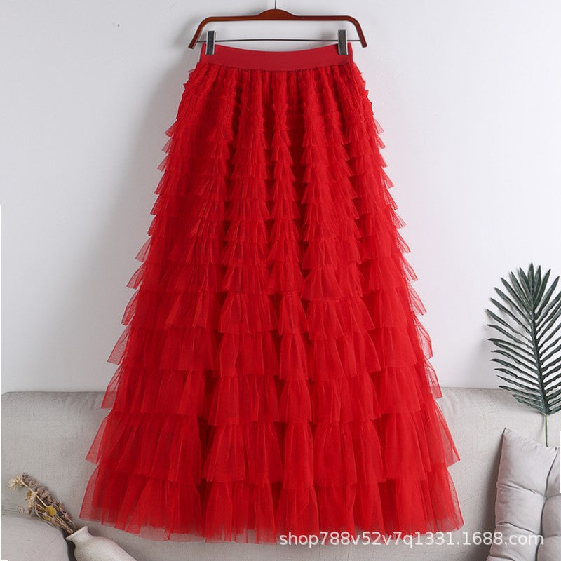 A-Line Mid-Length Tulle Skirt with Layered Mesh Insert