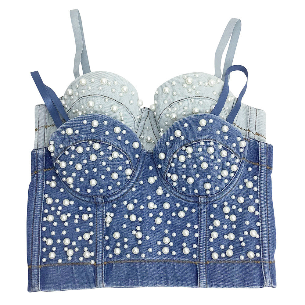 Sexy Women's Denim Bustier Top – Pearl Embellished Strappy Cropped Corset Vest