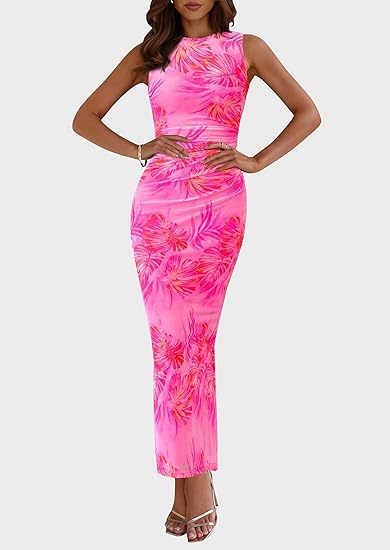 Round Neck Pleated Floral Bodycon Sleeveless Mesh Dress