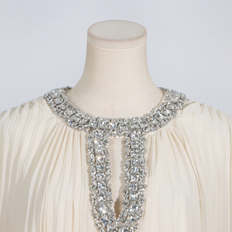 Elegant Round Neck Rhinestone Ostrich Feather Long Sleeve Ruffle Dress