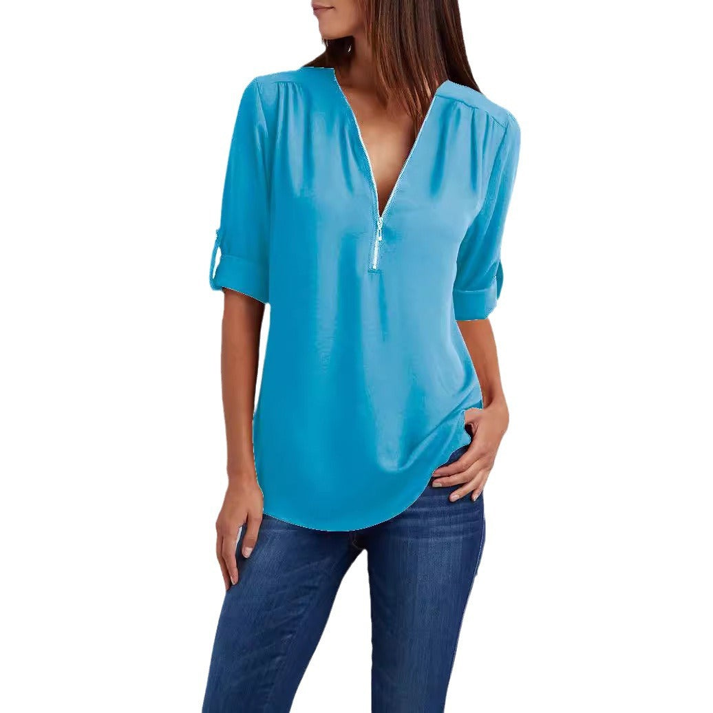 Plus-Size V-Neck Zip-Up Long Sleeve Chiffon Blouse