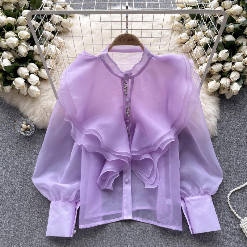 Fairy Style Ruffled Mesh Long Sleeve Shirt