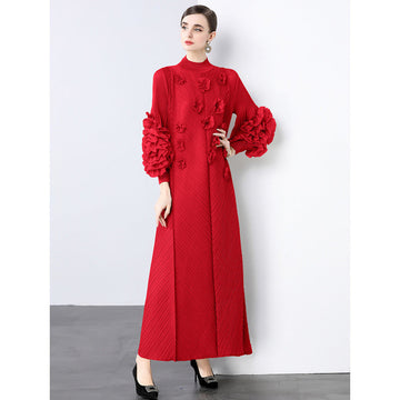 Stylish Slim-Fit Solid Color High Neck Dress with 3D Flowers