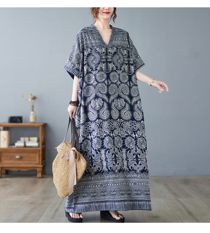 Vintage Linen Summer Holiday Long Cozy Dresses-Dresses-Blue-One Size-Free Shipping at meselling99