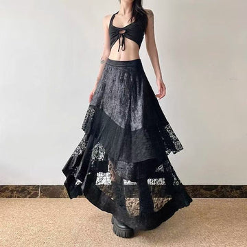 Dark Grunge Lace Patchwork High-Waist Midi Skirt
