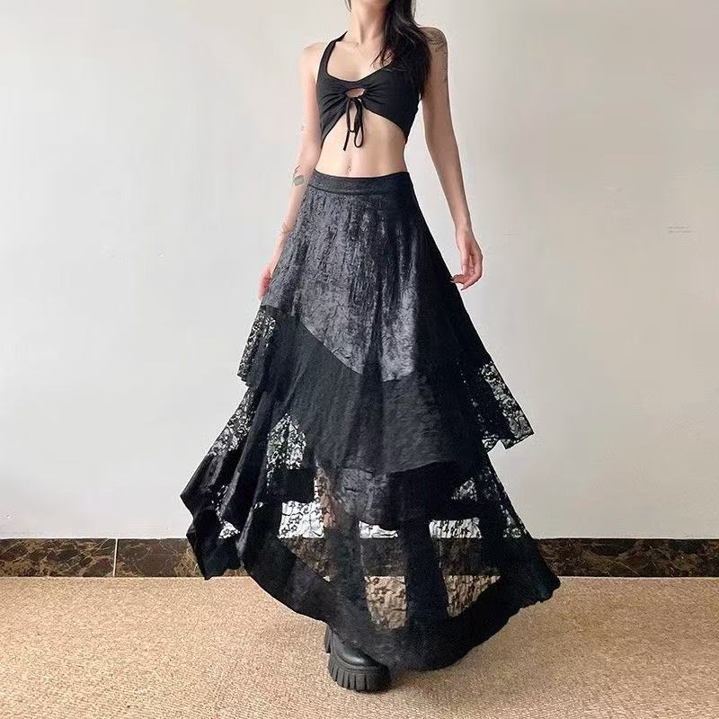 Dark Grunge Lace Patchwork High-Waist Midi Skirt