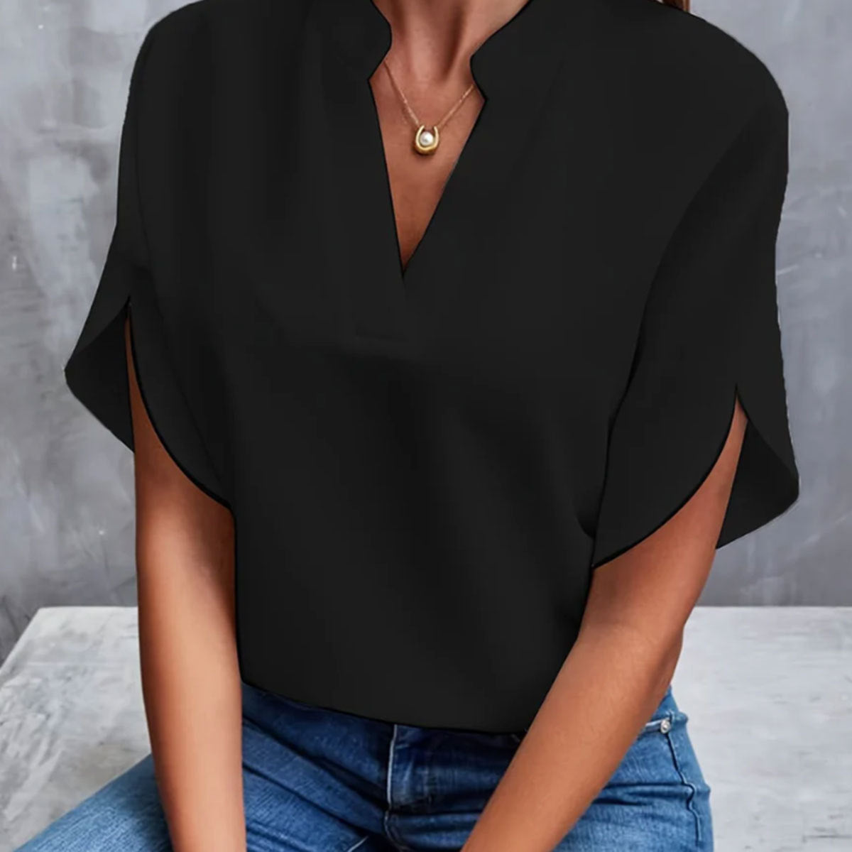 Women's V-Neck Shirt - Solid Color Casual Short Sleeve T-Shirt-black-S-Free Shipping Leatheretro