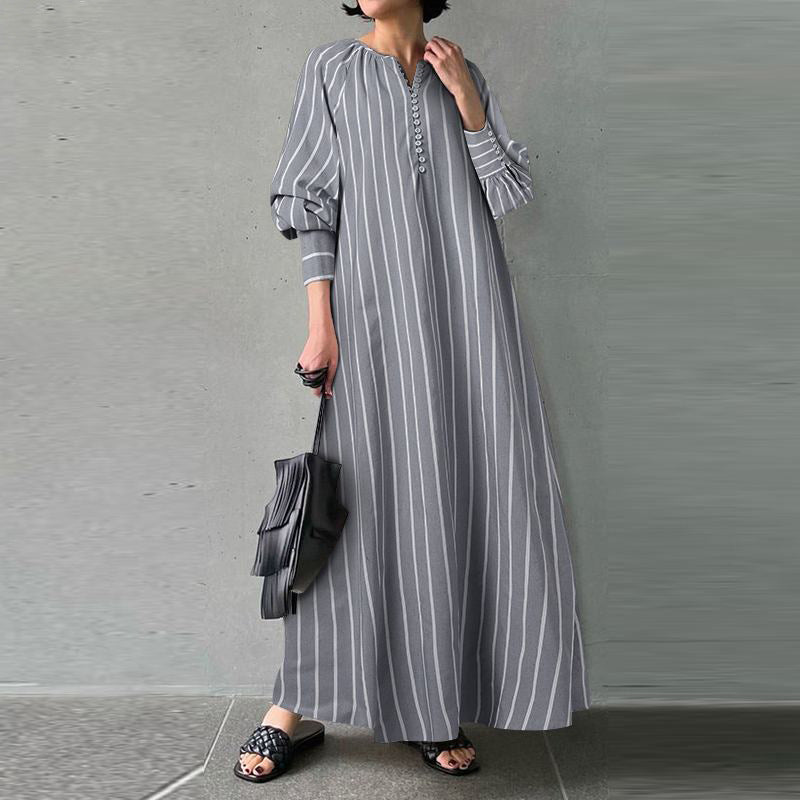 Plus Size Women's Linen Striped Round Neck Long Sleeve Casual Loose Fit Maxi Dress