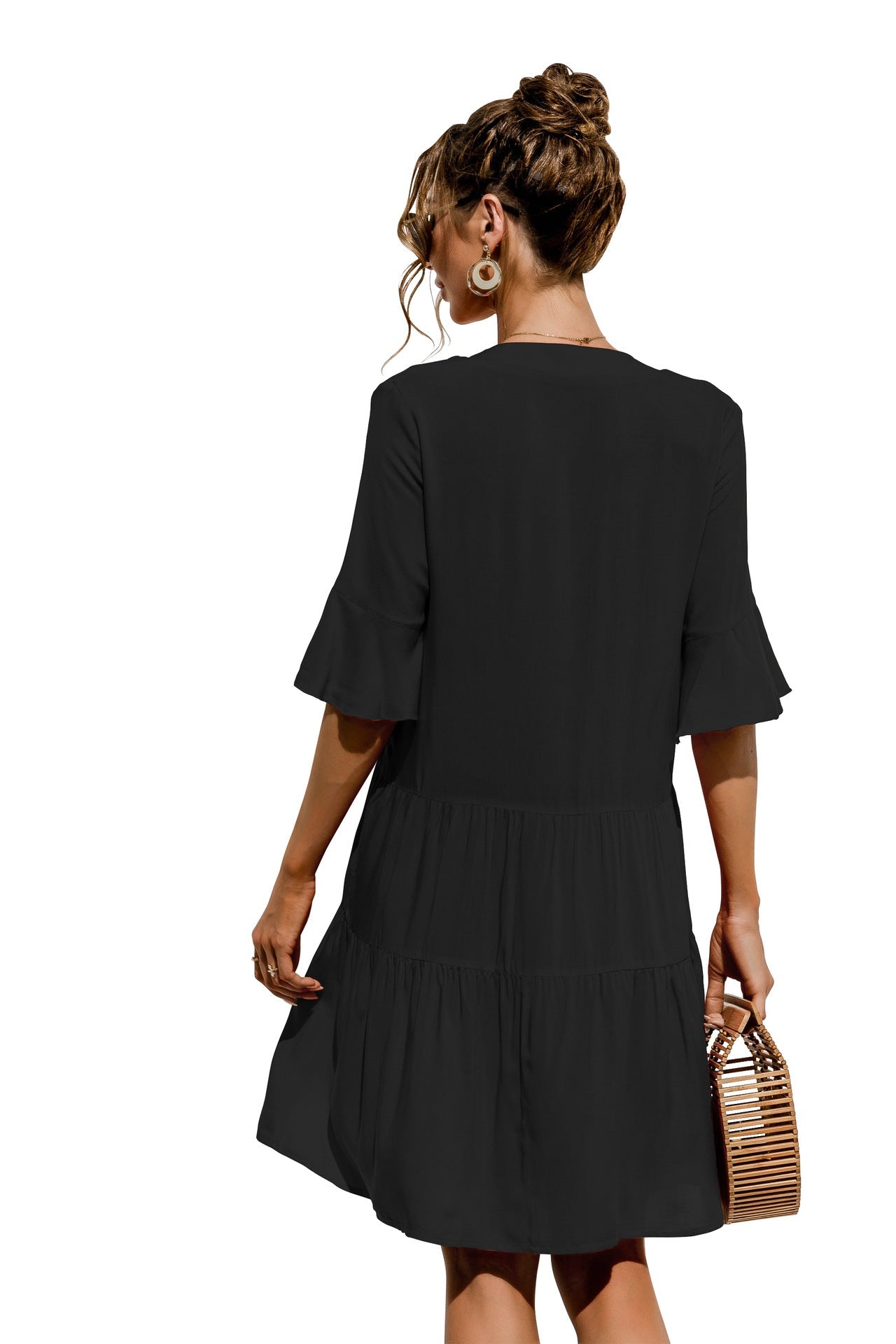 Women's V-Neck Flared Sleeve Tiered Contrast Panel Dress