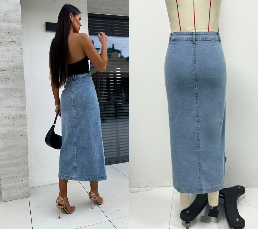 High Waist Asymmetrical Button-Down Denim Pencil Skirt